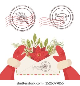 Merry Christmas and Happy New Year stamp, letter, mark. Cartoon styled illustration.Vector design element.
