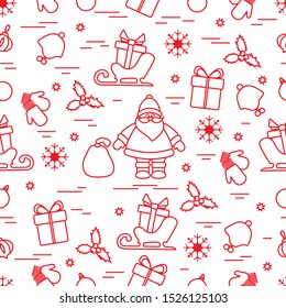 Merry Christmas Happy New Year 2020. Vector seamless pattern Santa Claus, gifts, Christmas tree decorations, mistletoe, sleigh, mittens, baby hat, snowflakes. Festive background. Design for print.