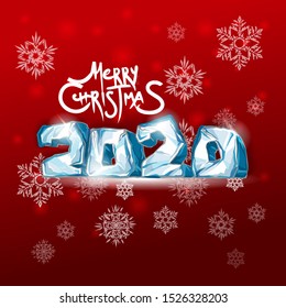 Merry Christmas and Happy New Year 2020. Christmas card with snowflakes and Christmas logo and Happy New Year text