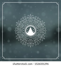Merry christmas and happy new year text greeting card vintage typographic design, ornate decoration with winter holidays wish, ornament and frame. Vector illustration.