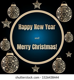 Merry christmas and happy new year vector. Composition of text and golden balls. For banner, poster or postcard.