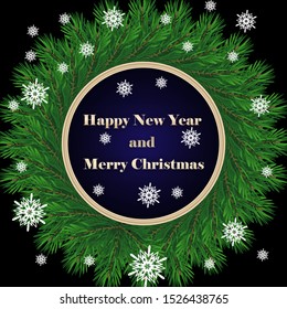 Merry christmas and happy new year vector. Composition of text, Christmas tree and snowflakes. For banner, poster or postcard.