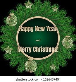 Merry christmas and happy new year vector. Composition of text, Christmas tree and golden balls. For banner, poster or postcard.