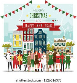 Merry Christmas and Happy New Year, group of teens in Christmas costume concept standing together in front of Winter town background , vector, illustration