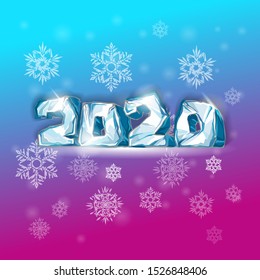 Merry Christmas and Happy New Year 2020. Christmas card with snowflakes and Christmas logo and Happy New Year text