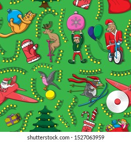 Merry Christmas and Happy New Year Seamless background with Christmas characters green. Vector image. eps 10