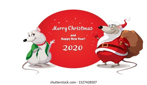 Merry Christmas and Happy New Year greeting card. Mr. Rat in a red Santa's costume and Mrs. Rat standing near the new year banner.