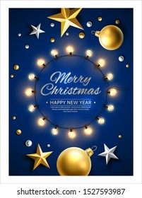 Merry christmas and happy new year poster. Realistic christmas tree toy balls, stars and glowing garland for winter invitation, present cards vector design. Xmas vertical banners with lettering.
