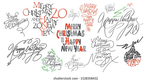 Merry Christmas and Happy New Year.   Handwritten lettering on a white background. Line art. Outline style