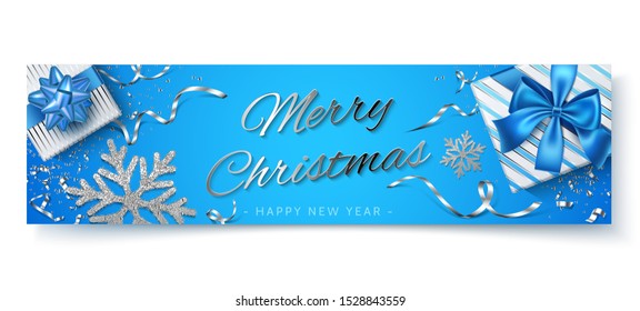 Merry christmas and happy new year poster set. Realistic present boxes and silver snowflakes on blue for winter invitation, present cards vector design. Xmas vertical banners set.