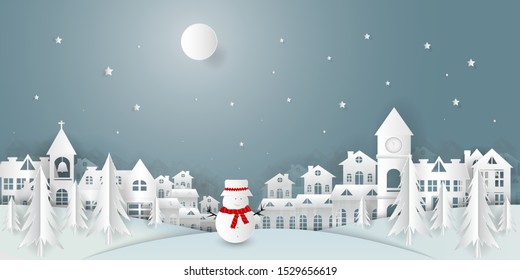 Merry Christmas and Happy New Year.  An illustration of a village on a snowy night. Have snow dolls. It is a quiet night of the Christmas season. It is a cut paper art.