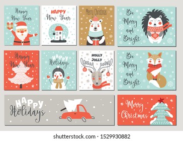 Merry Christmas and Happy New Year greeting card set with  hand drawing elements. Vector illustrations