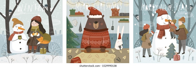 Merry Christmas and a happy new year! Cute vector illustrations with characters, family, animals and a snowman for the winter holidays for a card, background or poster.
 
