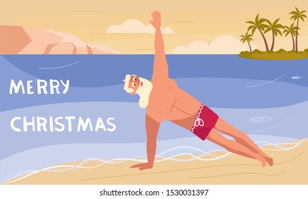 Merry Christmas and Happy New Year card! Young athletic Santa Claus isolated. Flat Art Vector illustration