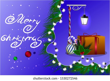 Merry Christmas and Happy New Year banner, sparkling lights garland with pine branches . Colorful christmas elements.