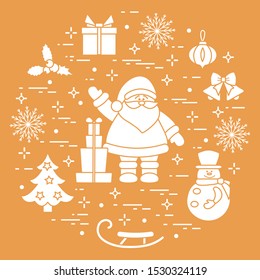Merry Christmas Happy New Year 2020. Vector illustration  Santa Claus, gifts, bells, Christmas tree, mistletoe, snowman, sleigh, Christmas decorations, snowflakes. Festive background. Design for print