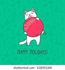 Merry Christmas and Happy New Year. Hand drawn illustration of cute white cat with red christmas ball in his paws on green seamless background of christmas decorations. Vector 8 EPS