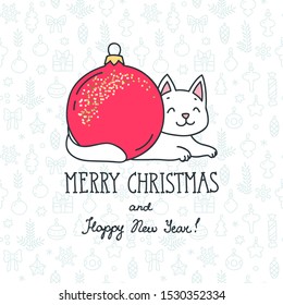Merry Christmas and Happy New Year. Hand drawn illustration of cute white cat whith the christmas ball on seamless background of christmas decorations. Vector 8 EPS
