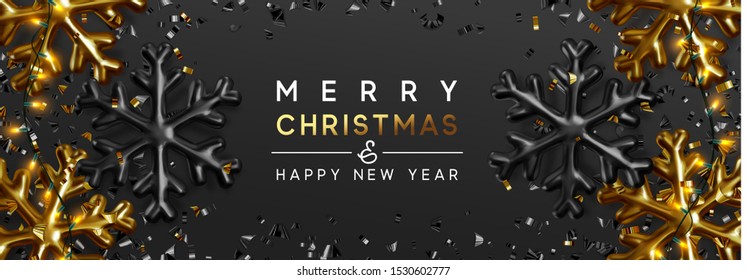 Merry Christmas and Happy New Year Banner. gold and black snowflake volumetric, golden and dark confetti, tinsel, realistic Xmas lights of garlands. Festive composition decoration 3d render objects