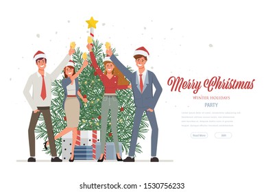 Merry christmas and Happy new year party and wearing santa claus hat. Web Landing page template for winter holidays.