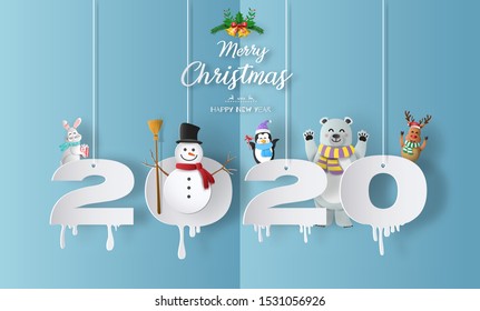 Merry Christmas and Happy New Year 2020 concept with snowman, reindeer, rabbit, bear and penguin, greeting and invitation card.