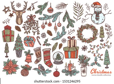 Merry Christmas and Happy New Year linear doodl set with vector sketch holiday elements, icons and symbol. Festive collection of illustrations