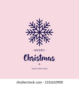 Merry Christmas and happy new year vector greeting card design with snowflake and lettering on pink background.