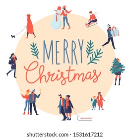 Merry Christmas and Happy New Year greeting card, flat design vector template. People outdoor winter activities and holyday preparations.