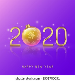 Merry christmas and happy new year 2020 banner template hanging stars, snow and golden glitter balls decoration for flyers, poster, web and card vector illustration
