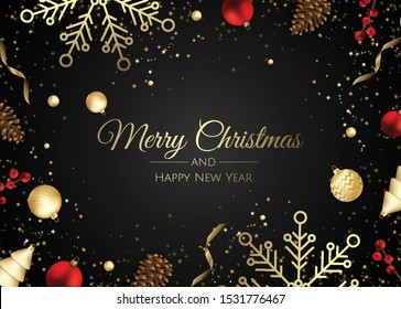 Merry Christmas and Happy New Year. Festive background composition top view. Decoration gift box, christmas balls, decorative snowflake.