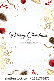 Merry Christmas and Happy New Year. Festive background composition top view. Decoration gift box, christmas balls, decorative snowflake.