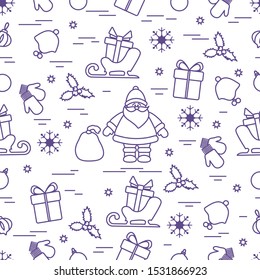 Merry Christmas Happy New Year 2020. Vector seamless pattern Santa Claus, gifts, Christmas tree decorations, mistletoe, sleigh, mittens, baby hat, snowflakes. Festive background. Design for print.