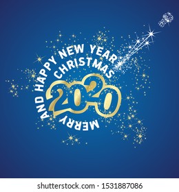 Merry Christmas and Happy New Year 2020 with sparkle firework greeting card gold white blue background