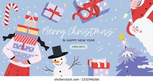 Merry Christmas and happy new year banner with Santa Claus, snowman, fir-tree and a woman holding a pile of presents in gift boxes. Creative banner, flyer, poster or landing page for web or blog post.