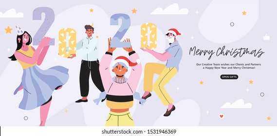 Feliz Navidad y feliz año nuevo banner, volante, página de inicio con gente bailando serrín divirtiéndose y teniendo grandes números 2020. Grupo de compañeros de trabajo en una fiesta de Navidad de disfraces corporativos.