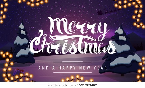 Merry Christmas and happy New Year, greeting card with beautiful lettering and purple winter cartoon landscape on the background