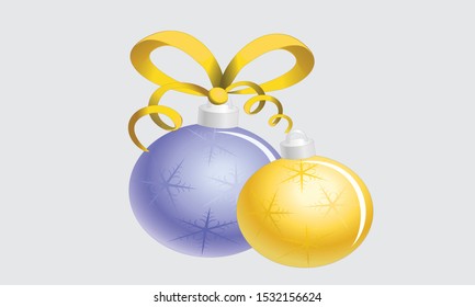 Merry Christmas and Happy New Year  golden balls hanging on the ribbon