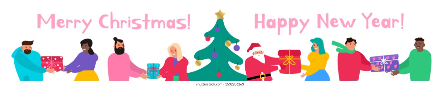 merry christmas and happy new year.  people and santa claus give gift boxes to each other