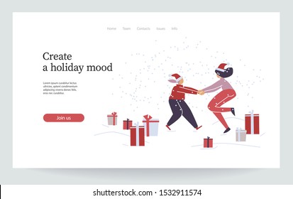 Merry Christmas. Happy new year. Young women dance outdoor. Funny girls celebrate together. Female cartoon characters having fun with gifts. Landing page, vector illustration EPS 10 isolated on white