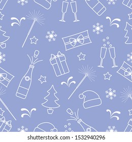 Merry Christmas Happy New Year 2020 Vector seamless pattern. Gifts, Santa Claus hat, sparkler, bottle, glasses, Christmas tree, snowflakes. Festive background. Design for fabric, print, wrapping paper