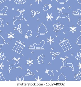 Merry Christmas Happy New Year 2020. Vector seamless pattern with Santa Claus reindeer, gifts, bells, Christmas tree, sock, mistletoe, sled, mittens, snowflakes. Festive background. Design for print.