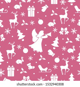 Merry Christmas Happy New Year 2020 background. Vector seamless pattern with angel, Santa Claus reindeer, gifts, Christmas sock, bells, hare, Christmas tree, ball, mistletoe, sled, mittens, snowflakes