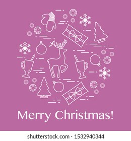 Merry Christmas Happy New Year 2020. Vector illustration with gifts, deer, mulled wine glass, Christmas tree, mittens, Christmas decorations balls, snowflakes. Festive background. Design for print.