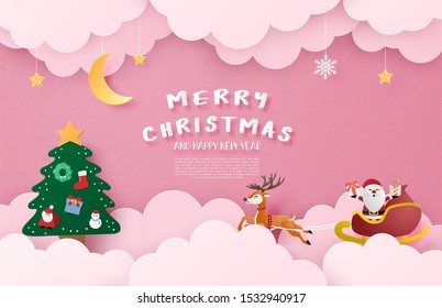 Merry Christmas and Happy new year greeting card in paper cut style. Vector illustration Christmas celebration background with Santa Claus on sleigh and reindeer in sky. Poster, wallpaper, backdrop.