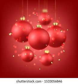 Merry Christmas and Happy New Year banner. Holiday vector illustration with realistic red Christmas balls. Xmas decoration balls, golden confetti and bokeh with blur effect on red background.