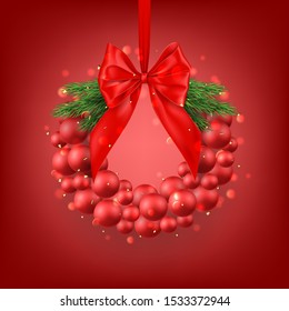 Merry Christmas and Happy New Year banner. Holiday card with realistic Christmas wreath with red balls, bow and fir-tree branches. Vector illustration New Year symbol on red background.