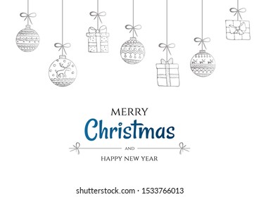 Merry Christmas and happy new year vector poster or greeting card design with hand drawn doodles elements. Present box and balls. Xmas banner with silver and blue gradient. 