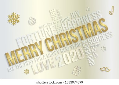 Merry christmas and happy new year 2020. Merry christmas banner in paper style. Wishes every success, happiness, joy, best of everything, good health, love. 2019 new year greeting banner. 