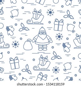 Merry Christmas Happy New Year 2020. Vector seamless pattern Santa Claus, gifts, Christmas tree decorations, mistletoe, sleigh, mittens, baby hat, snowflakes. Festive background. Design for print.