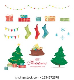 Merry Christmas and Happy New Year Set of Design Elements Isolated on White Background. Xmas Tree with Gifts, Spruce, Sack Full of Presents, Socks and Garland Cartoon Flat Vector Illustration Clip Art